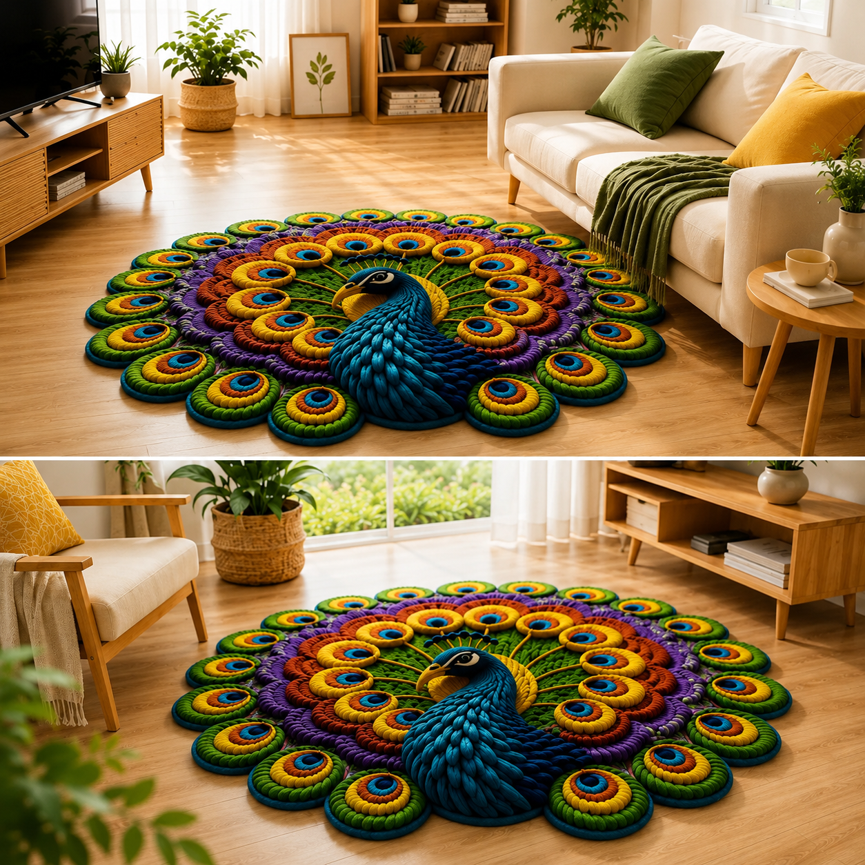 Tapete 3D Pavão Vishnu: Antiderrapante, Absorvente e Multicolorido para Sala de Estar e Entrada