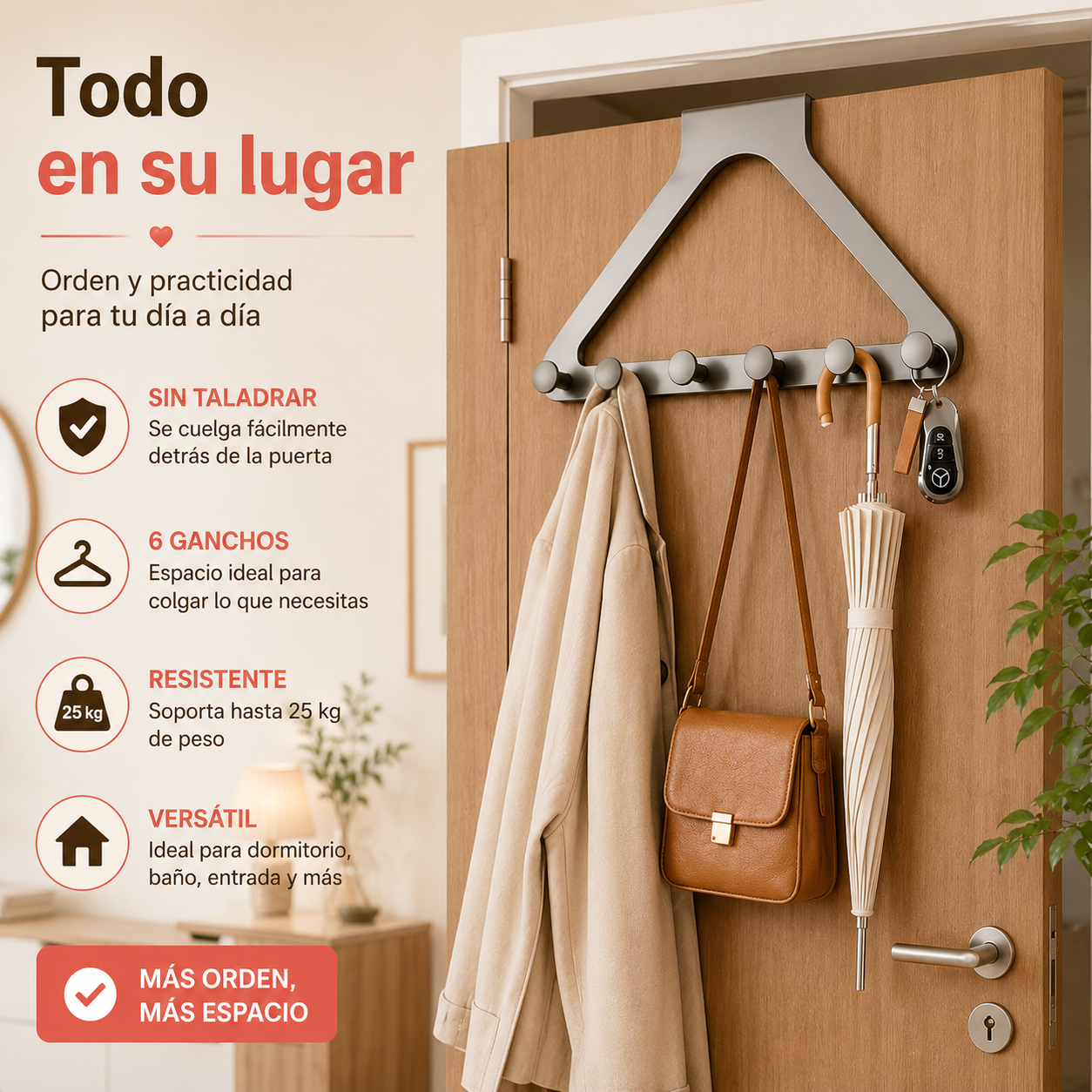 Perchero para puerta sin taladro con 6 ganchos
