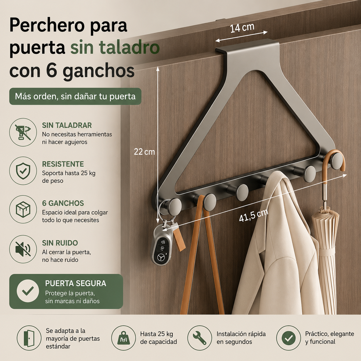 Perchero para puerta sin taladro con 6 ganchos