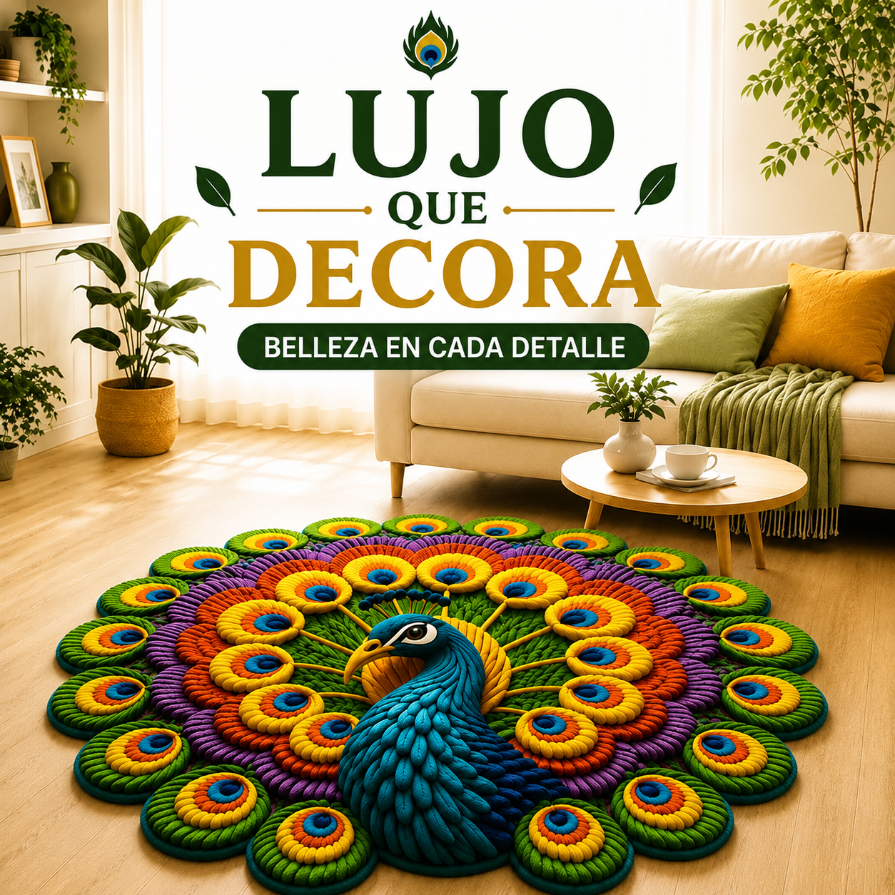 Tapete 3D Pavão Vishnu: Antiderrapante, Absorvente e Multicolorido para Sala de Estar e Entrada